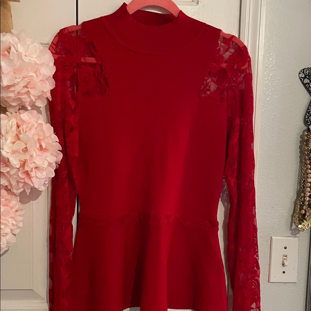 INC International Concepts Red Lace Sleeve Blouse